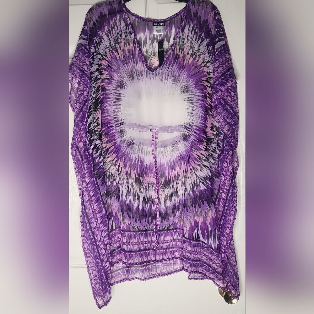 NWT Ingear Sheer OneSize PurplePinkWhite SwimSuitCoverUp FeatherPrint Cord Women